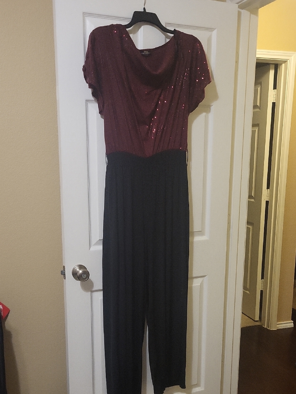 Sequin Bodice Black Wide-Leg Jumpsuit - Burgundy/Black